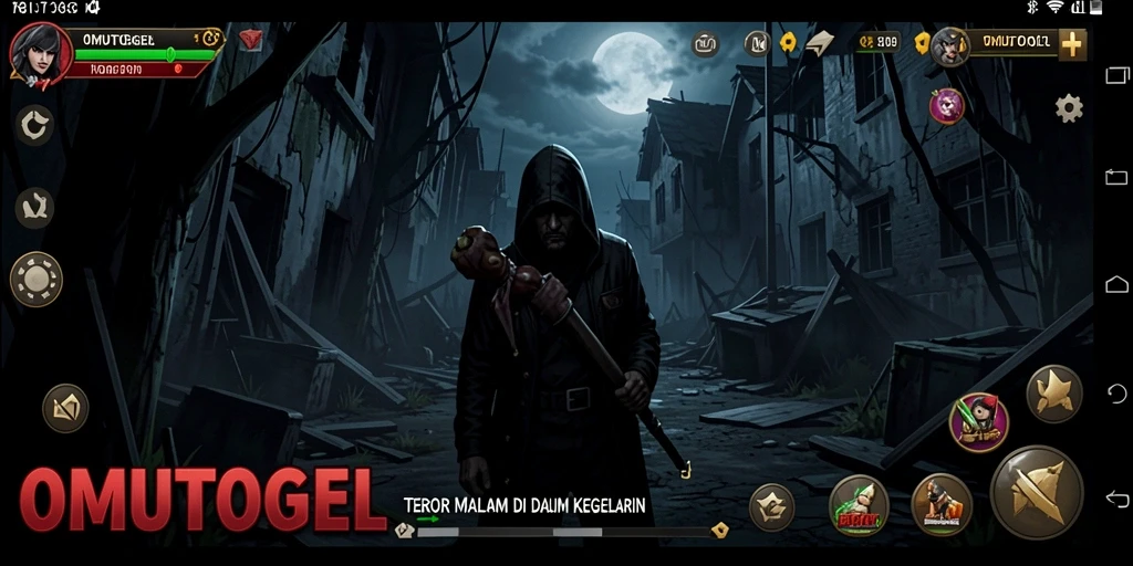 Screenshot OMUTOGEL menampilkan momen menegangkan saat menjelajahi area gelap dengan monster mengintai.