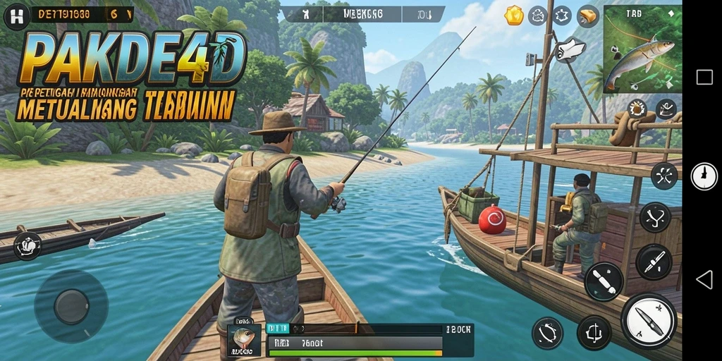 Screenshot utama PAKDE4D menampilkan gameplay seru saat memancing di danau.